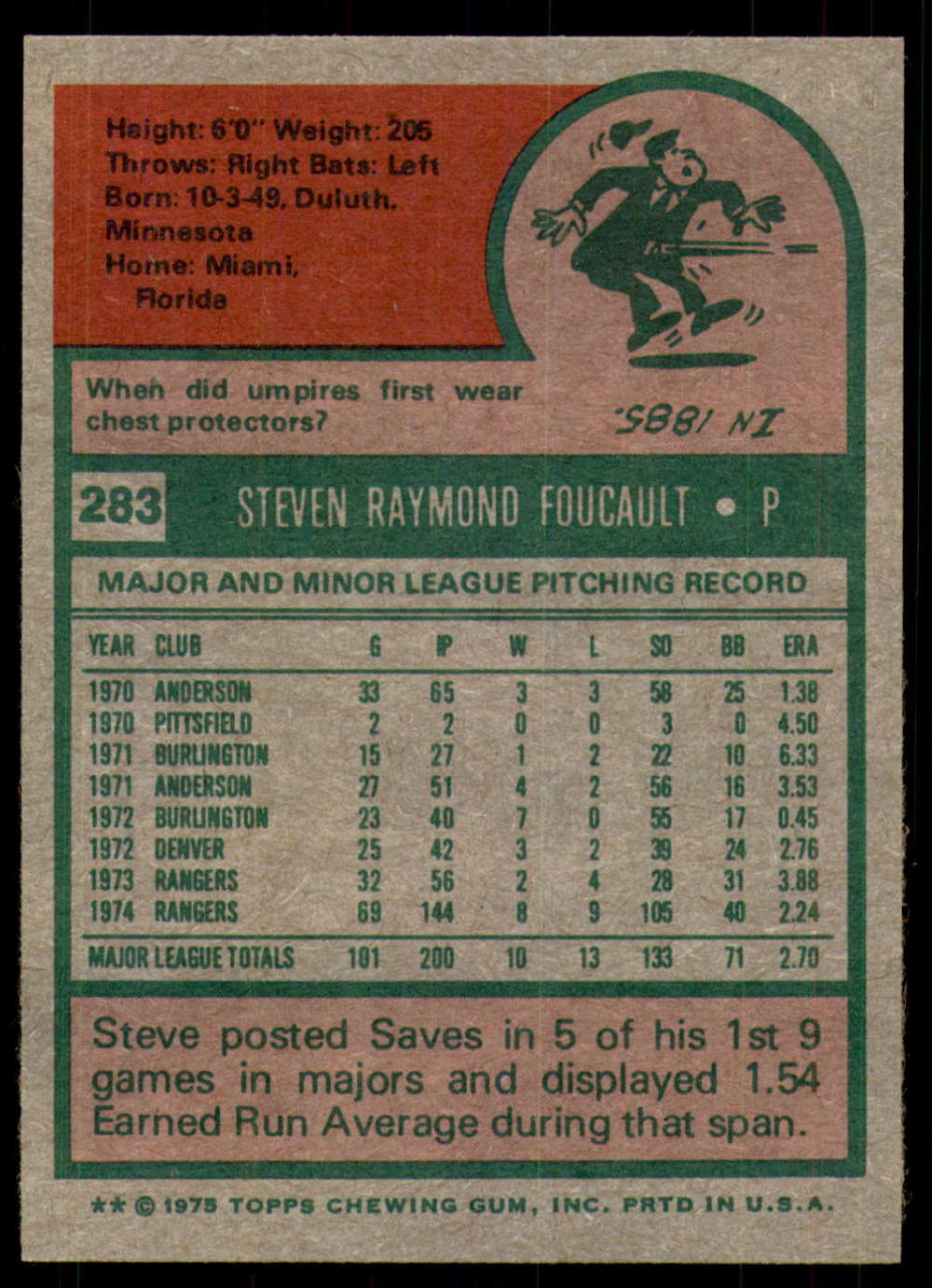 1975 Topps #283 Steve Foucault Near Mint or Better Rangers ID:205905 | eBay