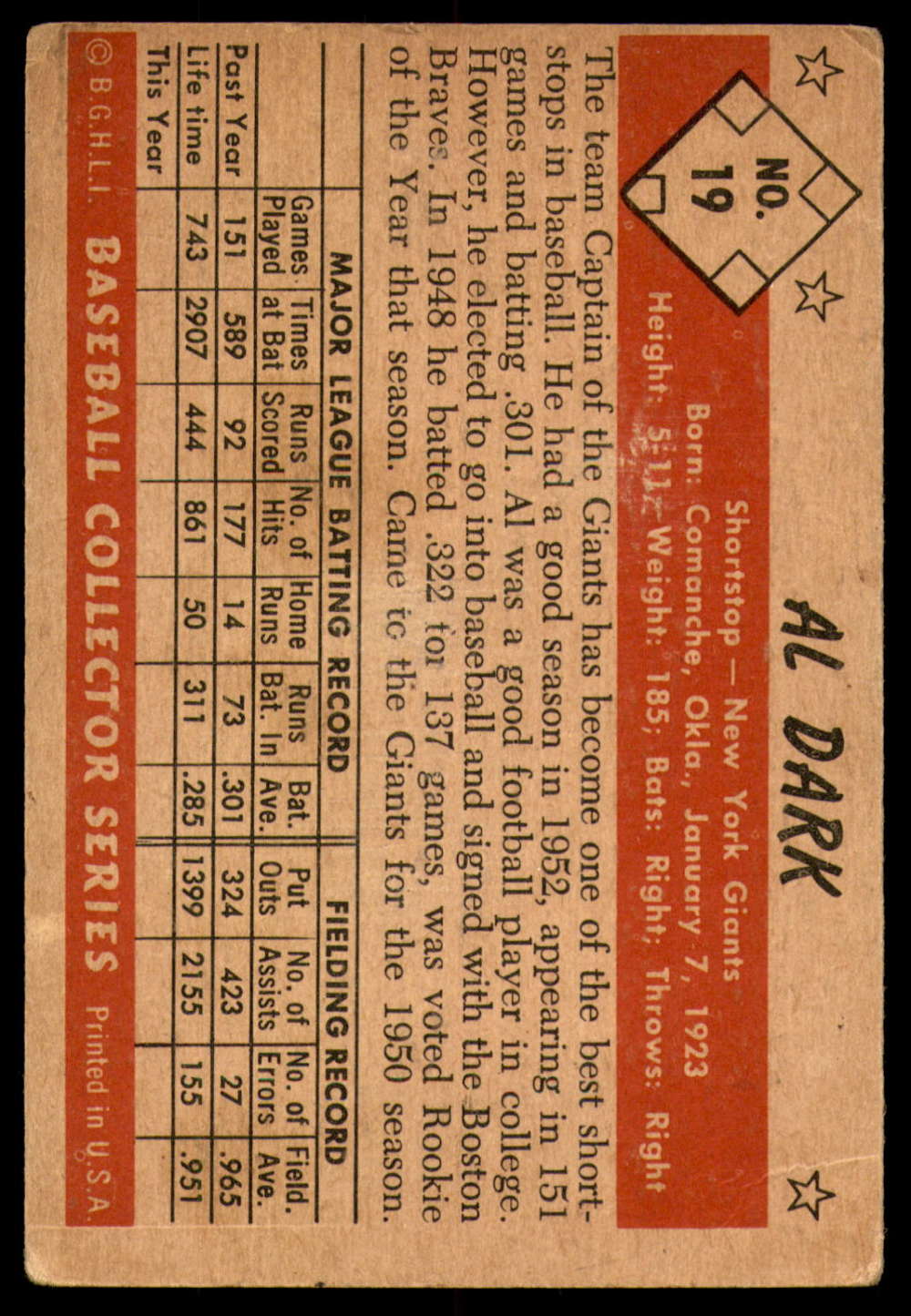 1953 Bowman Color #19 Alvin Dark UER Very Good 